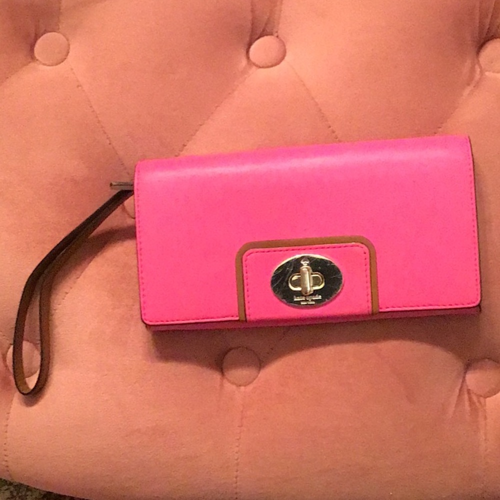 Kate Spade Hot Pink Leather Hampton Road Mara Turn Lock Flap Wallet. 7.75” x 4”